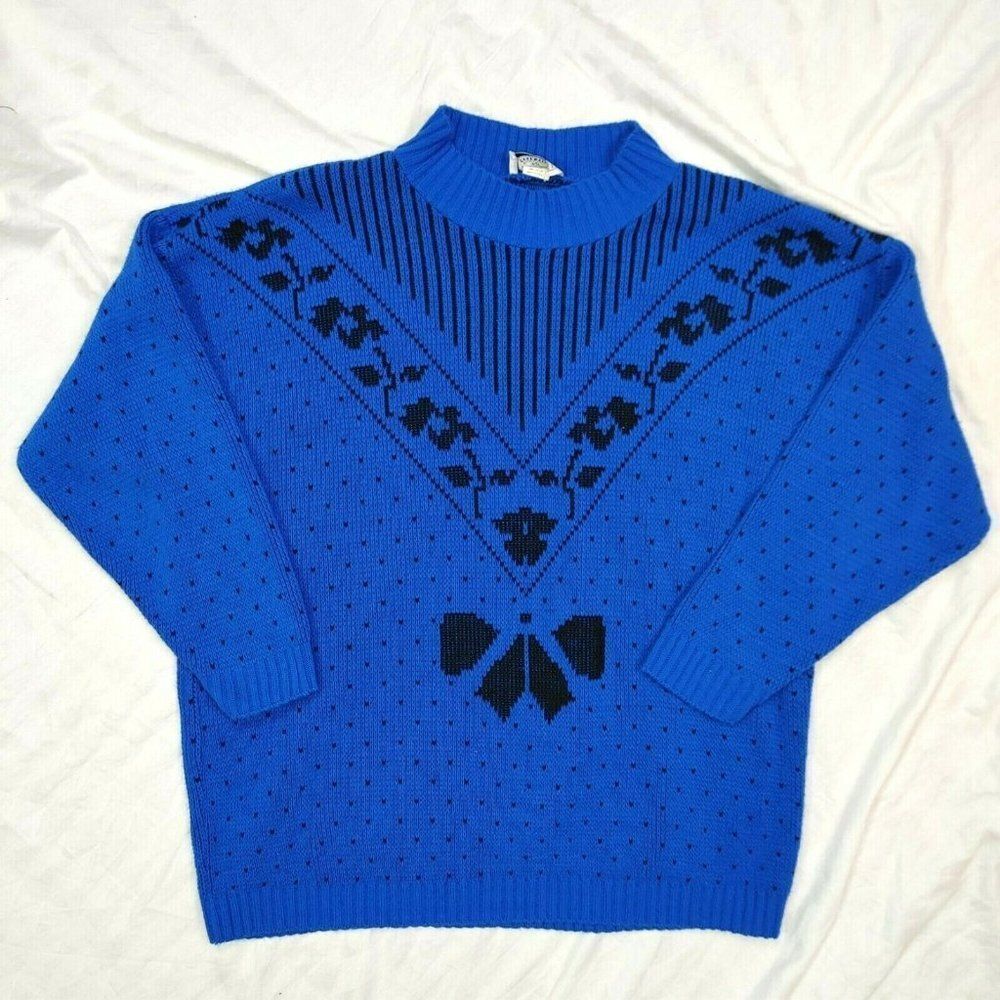 VINTAGE Classic Essentials Sweater Womens XL Pullover Knit Blue Graphic